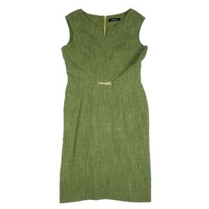 Ellen Tracy‎ Green Sheath Dress Cap Sleeve Notch Neck Gold Chain Accent Workwear